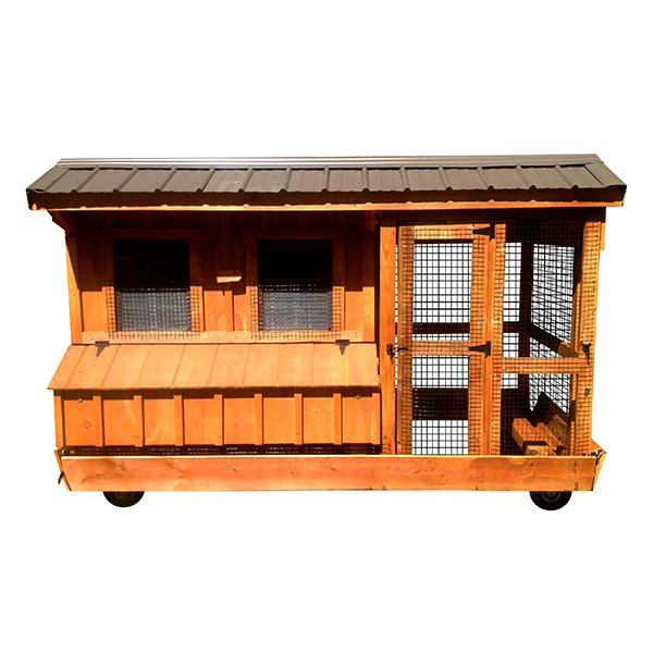 straight front view of combination chicken coop and run with metal roof all wooden with wheels to make it portable and movable